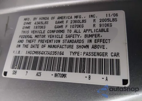 2007 Honda Accord 3.0 Se from USA, damaged, VIN 1HGCM664X7A035164